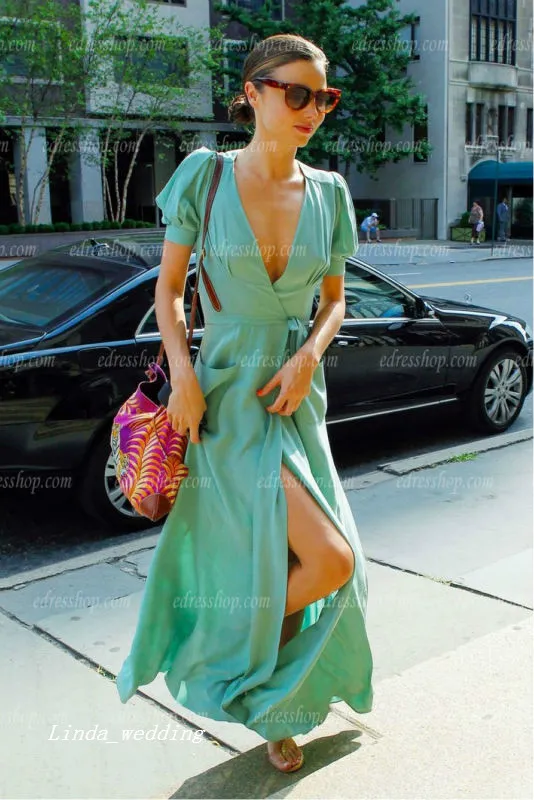 Kostenloser Versand Mint Green Miranda Kerr Abendkleid Neue Sexy Tiefem V-ausschnitt Chiffon Lange Casual Party Kleid Celeybrity Kleid