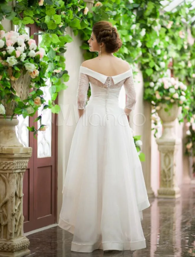 Fabulous A-Line Wedding Dresses Bateau Asymmetrical 3/4 Long Illusion Sleeve Lace and Organza Bridal Gowns