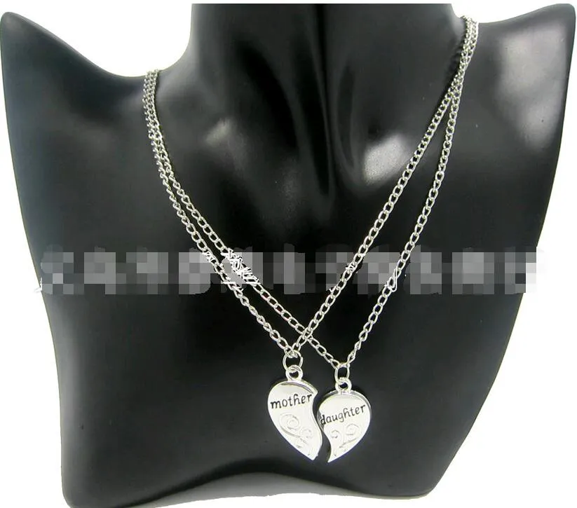 Pendentif Coeur Bijoux 2 Pièces Mère et Fille Alliage de Zinc Chaîne Longueur 50cm Pendentif Collier Argent