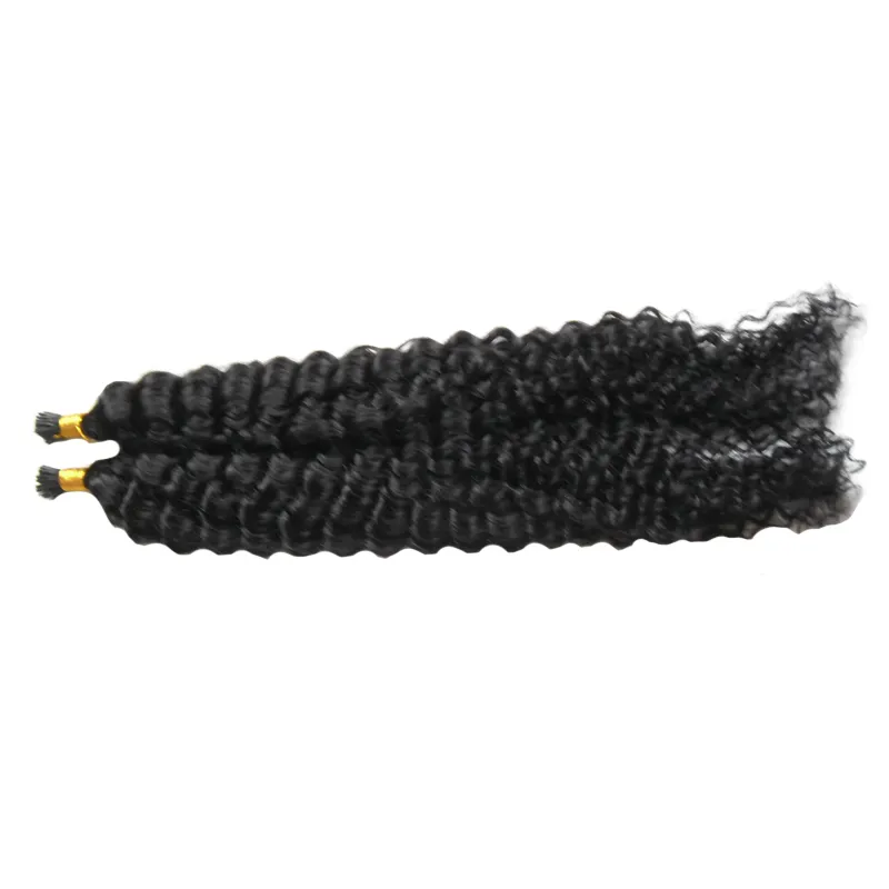 私はチップヘアエクステンションMongolian Afro Kinky Curly Virgin hair 100 g 100 S＃1 Jet Black Pre Bondedされていないレミー人間の髪の拡張