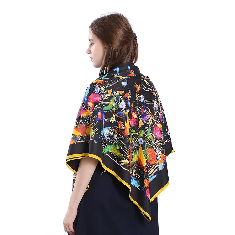 New Twill Silk Scarf Women Birds Printing Square Scarves Fashion Wrap Female Foulard Large Hijab Shawl Neckerchief 130*130CM