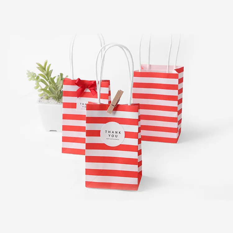 Small Gift Wrap Papieren Bag met Handles Boog Lint Streep Handtas Koekjes Candy Festival Geschenken WrappAckaging Tassen Sieraden Verjaardag Bruiloft Feestartikelen