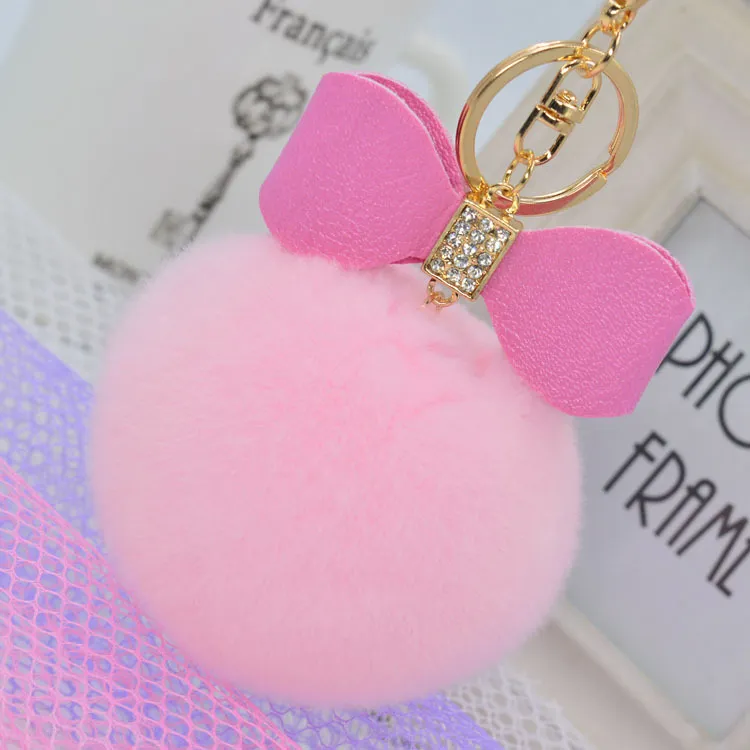 60st Bowknot Fur Pom Keychain Real Rex Rabbit Päls Ball Key Chains Fur Key Ring Key Chain for Bag