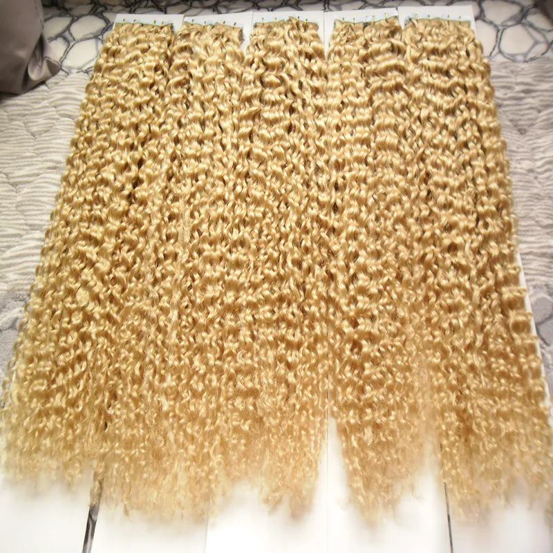 Färg 613 Blek blond brasilianskt hår 500g Applicera tejphäftande hudväfthår Brasiliansk Kinky Curly Tape In Human Hair Extensions