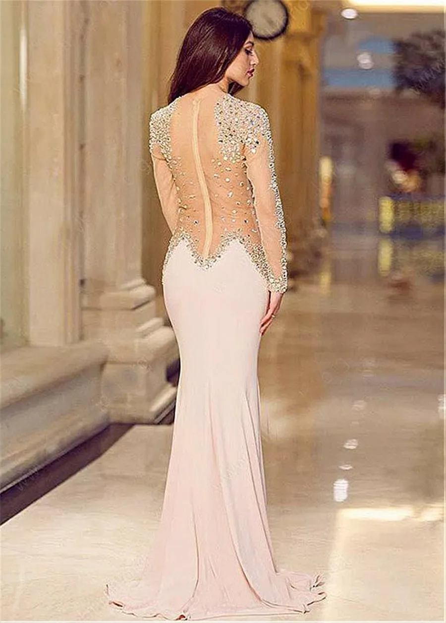 Chiffon Deep V-Neckline Sheath Evening Dresses With Beadings See Through Nude Long Sleeves Crystals Slit Prom Dress vestido de formatura