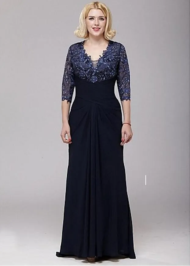 Borrhöljet V-ringning A-Line spets och Chiffon Mother of the Bride Dress 3 4 Sleeve Floor Length Mother's Dresses282k