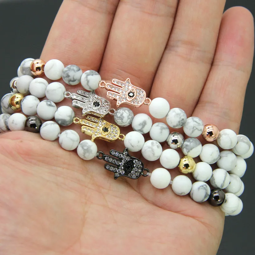 Gros 6mm naturel blanc Howlite marbre pierre perles Micro pavé Zircons Fatima main Hamsa bracelets porte-bonheur fille cadeau