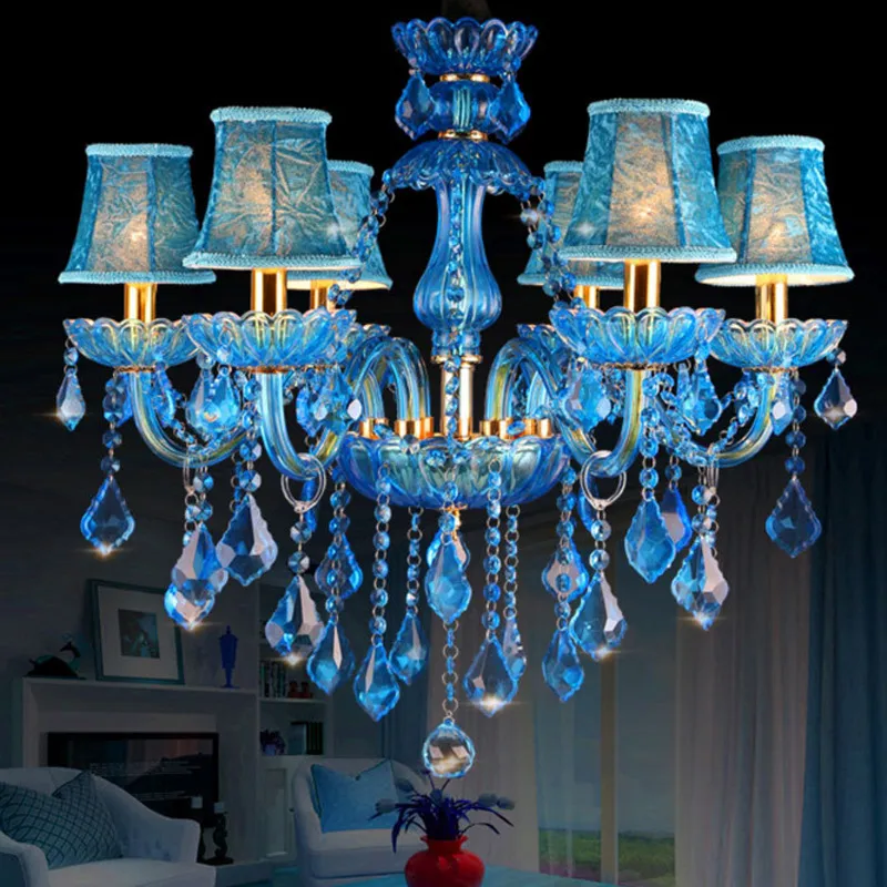 Sky Blue Crystal Chandelier Modern LED Pendant Light Fixture for Dining Room Bedroom