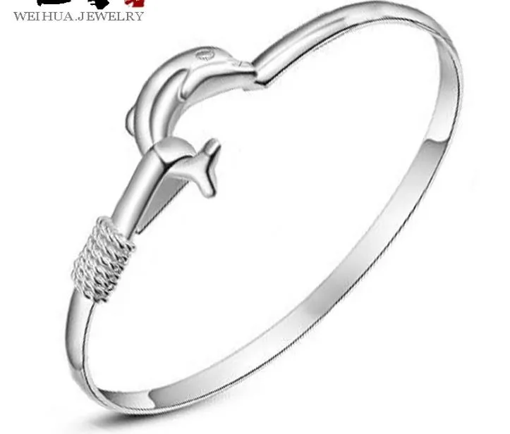 Hot charm bangle bracelet High quality 925 sterling silver rose flower dolphin style cuff bangles bracelets jewelry for women