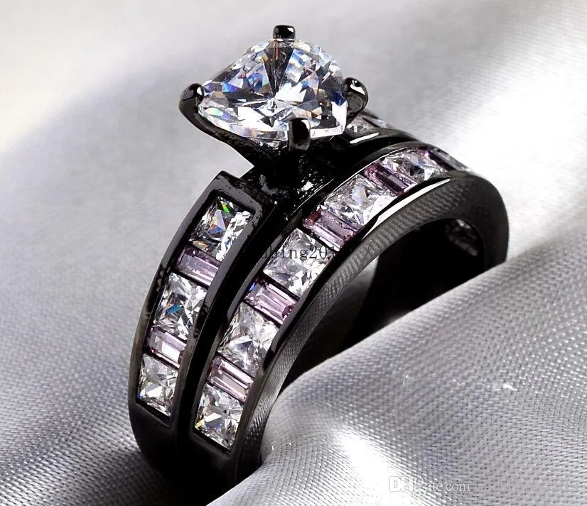 2016 новое прибытие женщин ювелирные изделия 10Kt черное золото заполненные Сапфир имитация Алмаз свадьба обручальное сердце обручальное кольцо набор подарок размер 5-11
