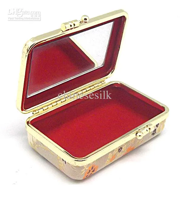 Portable petit voyage Rectangle bijoux transportant mallette de rangement avec miroir boîte-cadeau pince en métal soie brocart tissu Floral artisanat boîte d'emballage