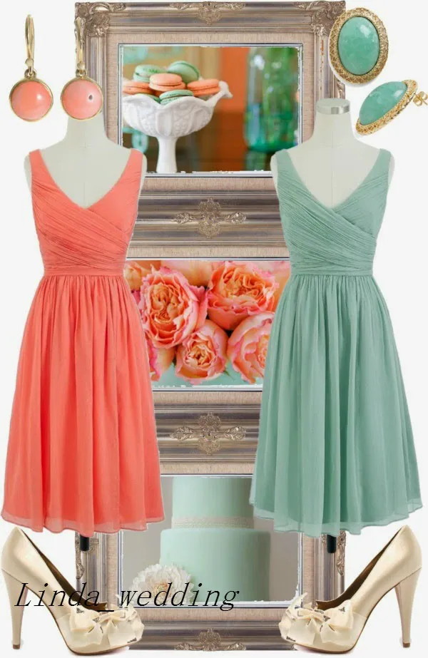 Бесплатная доставка Seafoam и Coral Bridesmaid платья Real Image Chiffon Colread Beach Garden Maid of Change Pasting Wedding Party платье