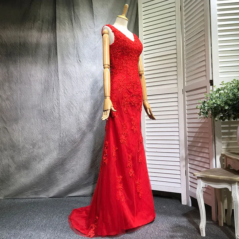 Robe de soirée élégante sirène rouge col en V sans manches fermeture éclair dos balayage train tulle avec appliques florales paillettes vestidos festa sur mesure