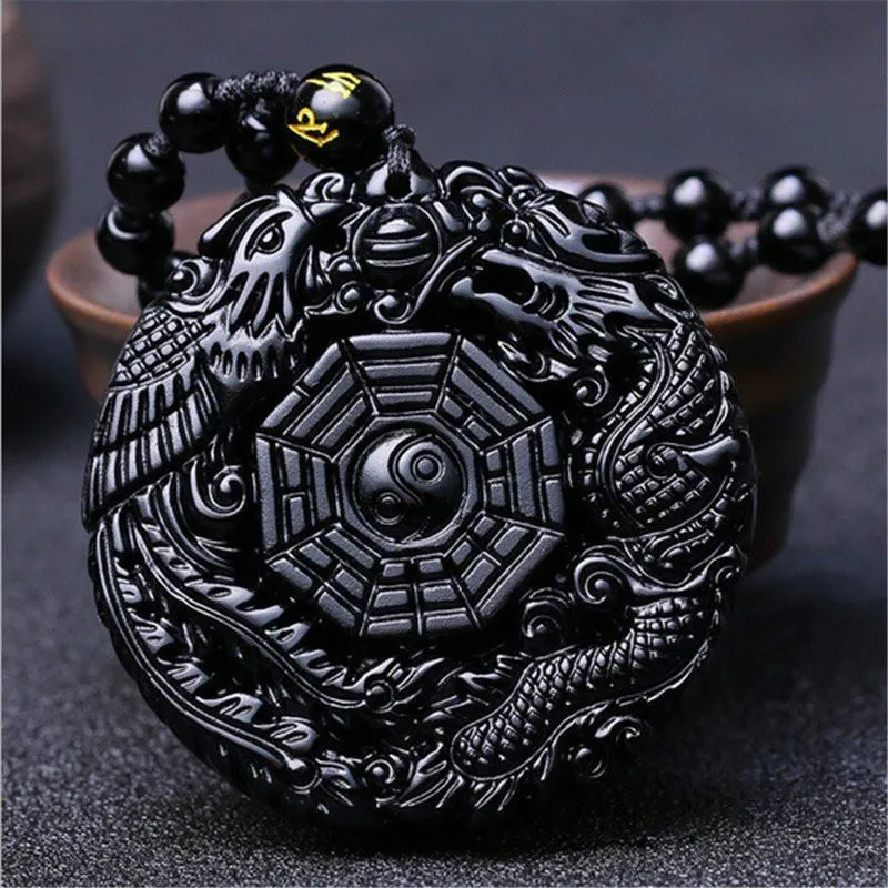 Volcanic Obsidian Phoenix Dragon Yin Yang Pendant Collier PPUK Stock8571386