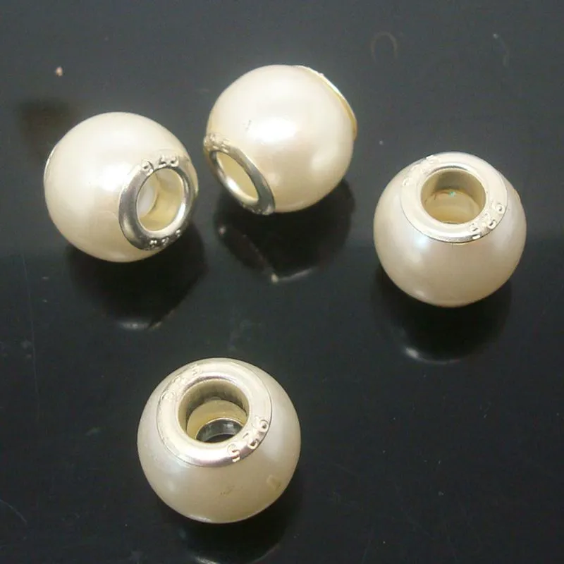 100 unids / lote Hermoso color blanco imitación Pearl Silver Core Europy Big Hole Acrylic Beads de acrílico para la joyería que hace un precio bajo