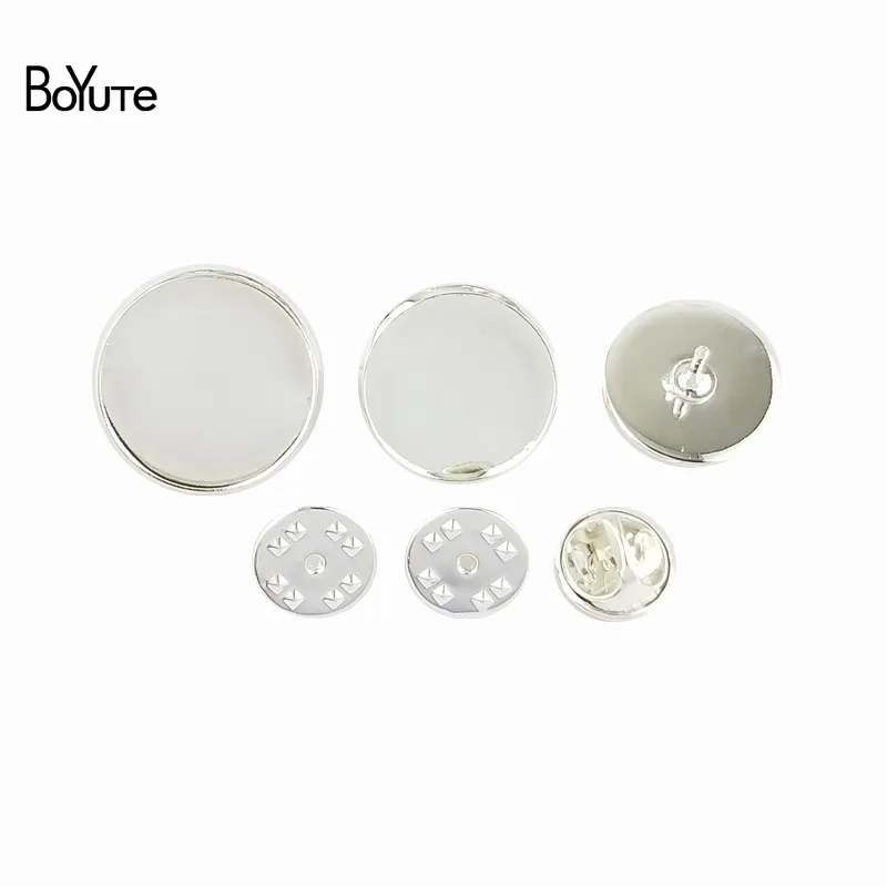 Boyute 50PCS Round 12mm 14mm 16mm 18mm 20mm Cabochon Base Brosch Blanks Bricka Bezel DIY Brosch Pins Smycken Findings Components