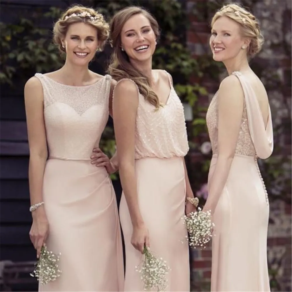 Apricot Long Chiffon Cheap Bridesmaid Dresses 3 Styles Nude Long Party Formal Dress vestido playa blanco