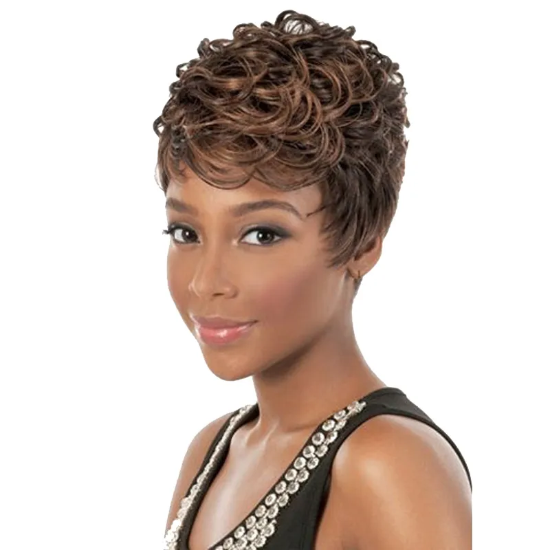 흑인 여성용 짧은 가발 믹스 컬러 아프리카 kinky 곱슬 가발 합성 섬유 머리 가발 아프리카 계 미국인