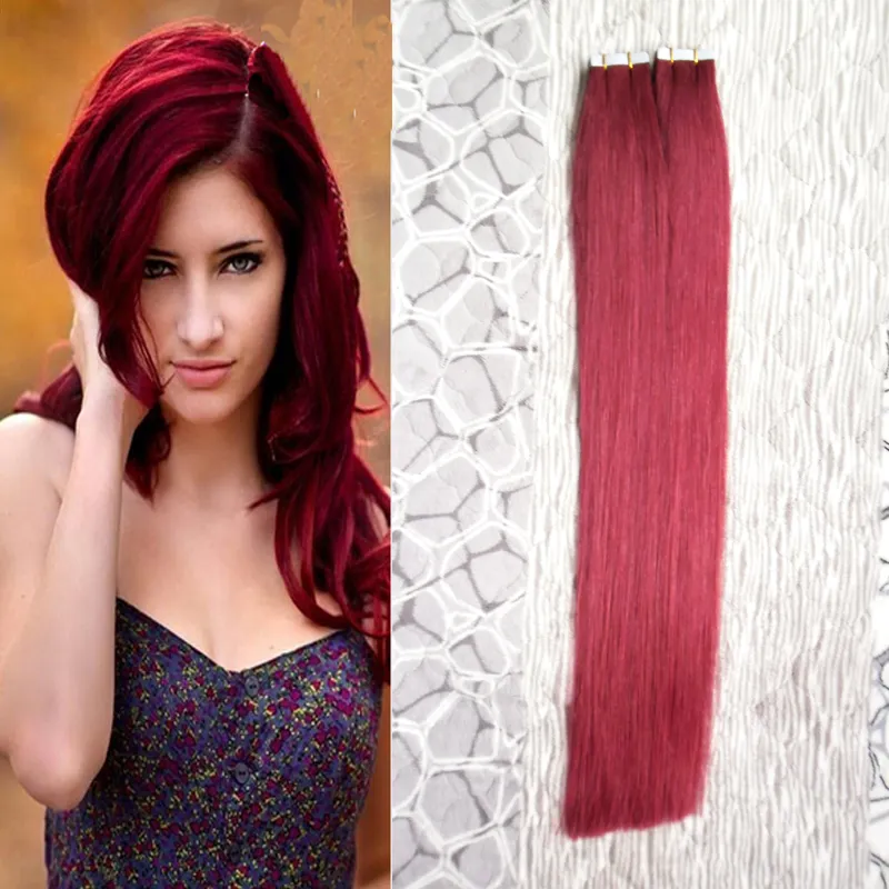 Colore # 99J vino rosso 8a nastro dei capelli vergine brasiliano nelle estensioni dei capelli umani 100g estensioni nastro invisibile 40pcs estensioni dei capelli trama della pelle