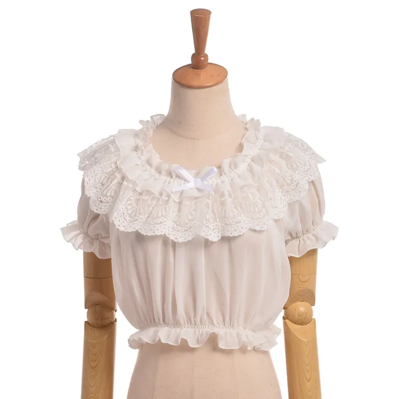 1 pieza Lolita mujer blusa de gasa de encaje manga corta abullonada camisa con volantes Tops alta calidad envío rápido