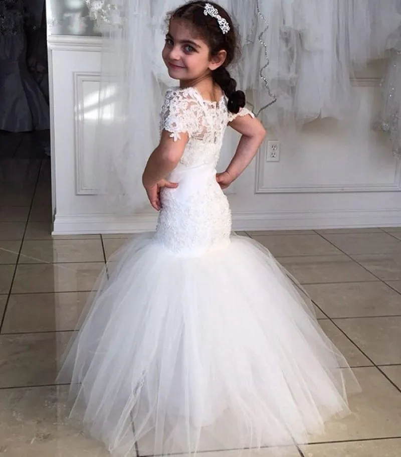 Mermaid Dress Kids Formal Wear Flower Girls' Dresses Short Sleeve Cheap Dress Appliqeus Floor Length Sheath Silm Tulle Gown Cheap Price