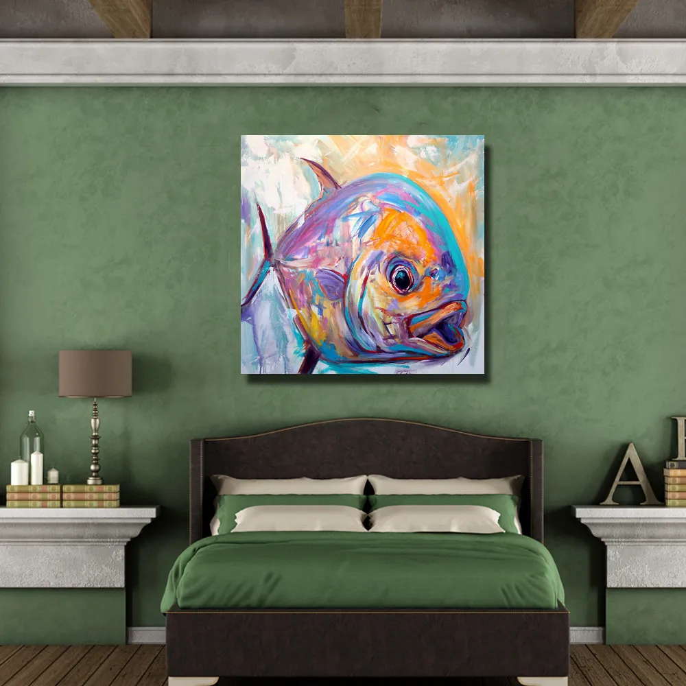 1 Panel abstraktes Fisch-Ölgemälde auf Leinwand, Heim-Wanddekoration, Wohnzimmer-Wandbilder, handgefertigtes Ölgemälde, Tierkunst, ohne Rahmen