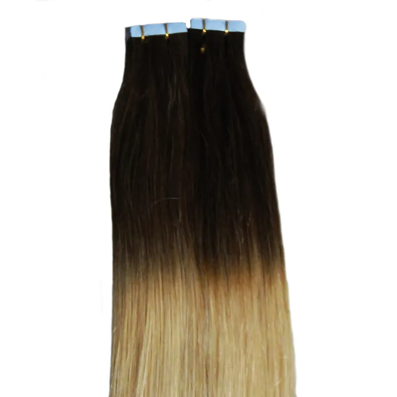 Blonder ombre Tape dans les extensions de cheveux humains 100g T1B / 613 blonde cheveux vierges deux tons rey ombre extensions de bande de cheveux humains gris