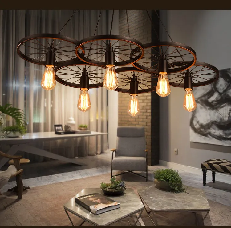 Vintage Wheel Ceiling Pendant Lights Modern Light Fixtures LED Lamps Home Lighting Metal Industrial Edison E27 Holder 3/6Heads Lamp