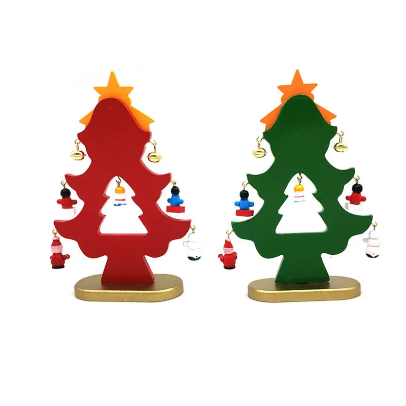 18 cm de madeira da árvore de natal com pendurado decorações sinos diy árvore de natal mesa mini ornamento presente frete grátis za5226