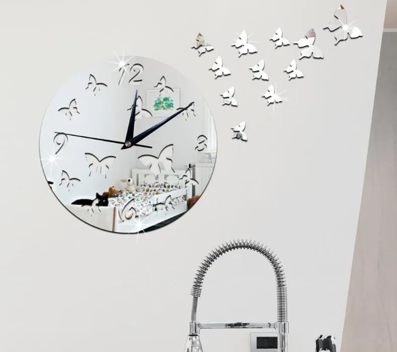 Reloj de pared con espejo de mariposa, pegatinas de pared con espejo para el hogar con personalidad creativa, reloj de bolsillo con perspectiva de espejo acrílico