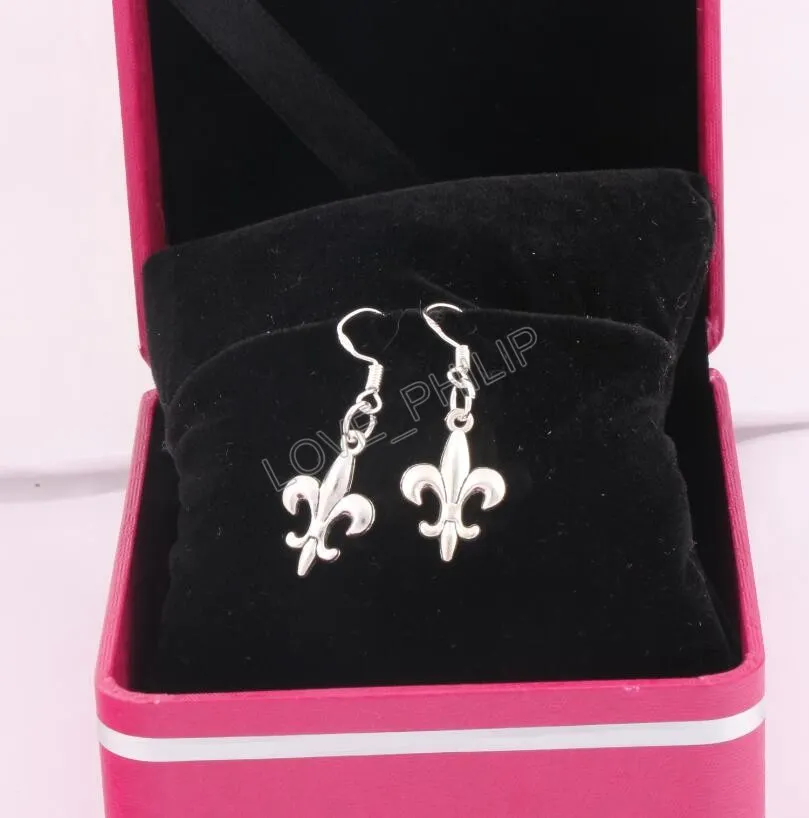 Iris Fleur-de-lis Fleur Dangle Lustre Boucles D'oreilles 925 Argent Poisson Crochet D'oreille esE387 12.5x35mm