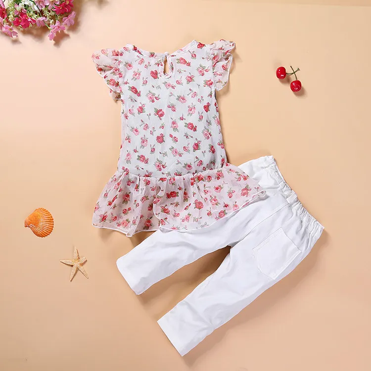 Été filles vêtements enfants costumes bébé filles vêtements fleur chemise hauts + pantalon blanc + ceinture trois pièces ensemble coton bébé tenues pour les filles