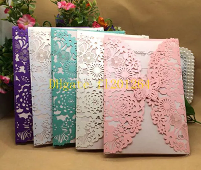 100 pcs/lot nouveauté papillon fleurs carte d'invitation de mariage 180x120mm 150x150mm gaufrage avec enveloppes papier intérieur