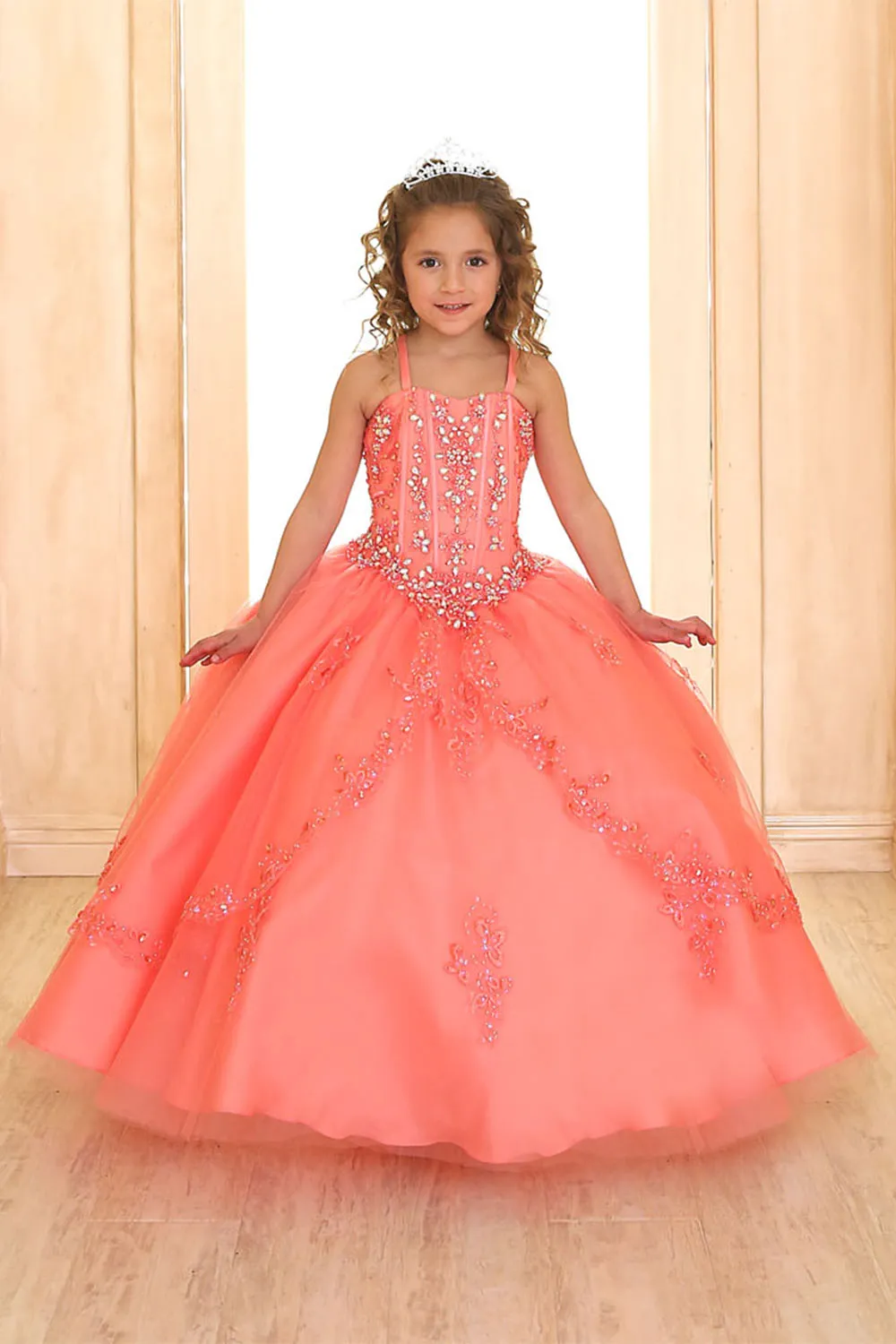 Coral Luxury Princess Ball Gown for Girls Pageant Dresses 2022 Sleeveless Flower Girl Dress With Jacket Beaded Little Girl