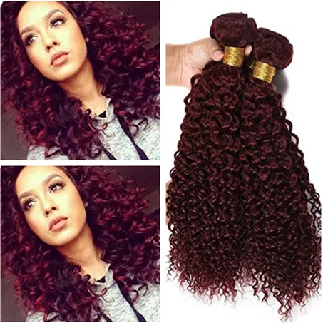 Kinky Curly # 99J Vin Röd Virgin Mänskligt Hår Vävar 3st Lot Brasiliansk Burgundy Human Hair Buntar Tight Curly Human Hair Extensions