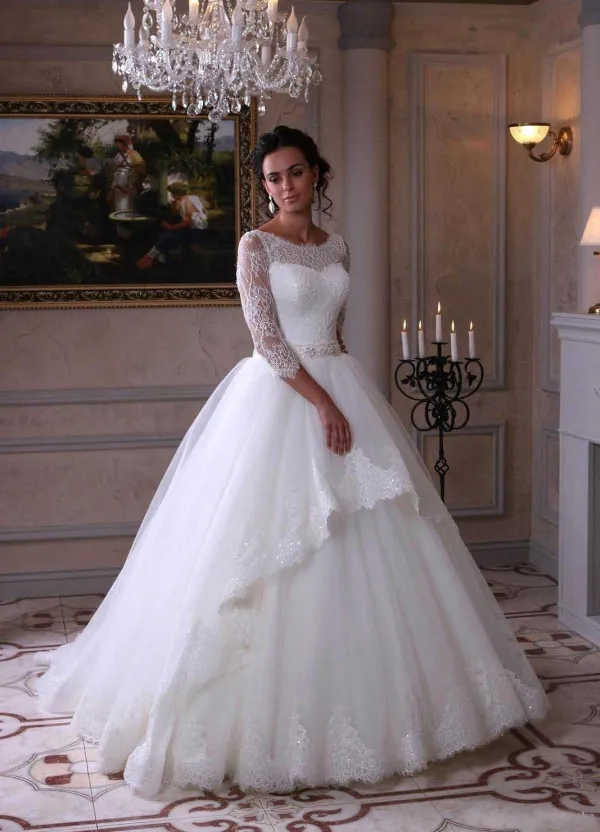 Princess Modest Wedding Dress with Sleeves Illusion Bateau Neckline Lace  Appliques Soft Tulle Bridal Gown Beaded Sash from Dhgate Ball Gown Wedding  Dresses - price 165.83