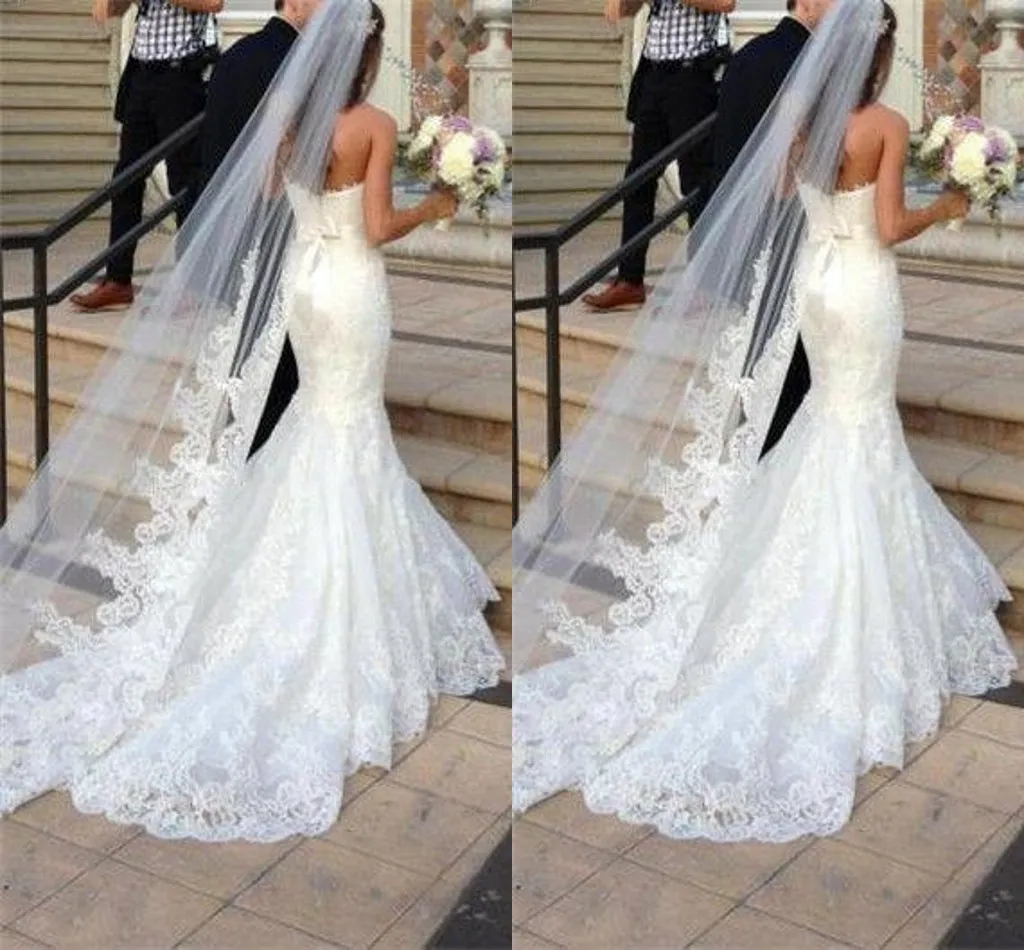 Princess Wedding Veil Long Lace Bridal Veils One Layer Custom Made Lace Applique Edge Bride