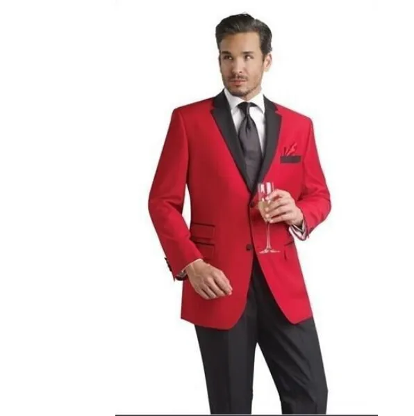 2016 Özel Tasarım Iki Düğme Kırmızı Damat Smokin Siyah Çentik Yaka Groomsmen Erkekler Düğün Takımları (ceket + Pantolon + kravat)