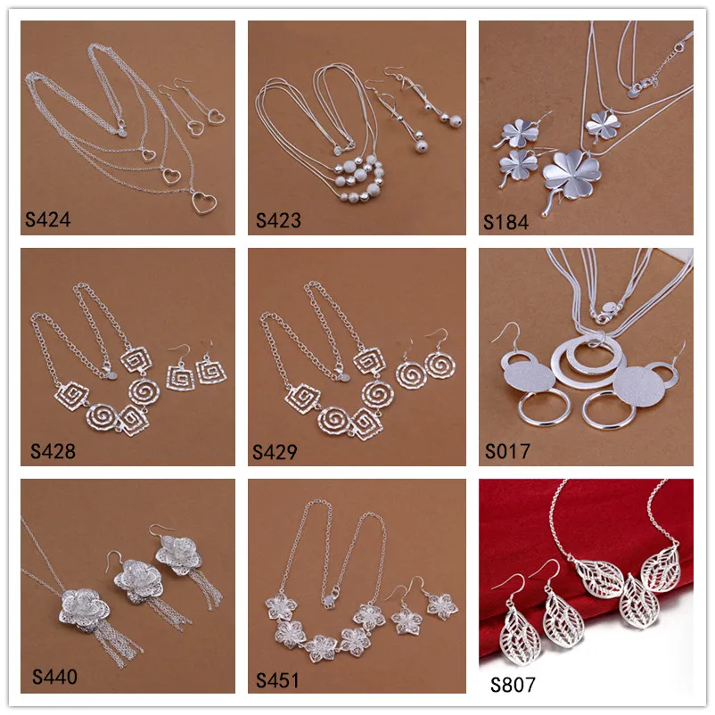 A estrenar 6 juegos de diferentes estilos y colores conjuntos de joyas de plata esterlina para mujeres DFMS33, conjunto de joyas de collar de aretes de plata de moda barata 925