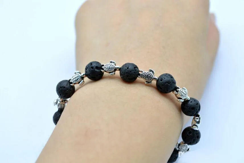 8mm Lava-rock Sea Turtles Charm Aromatherapy Essential Oil Diffuser Bracelets Natural Black Lava Bracelets 