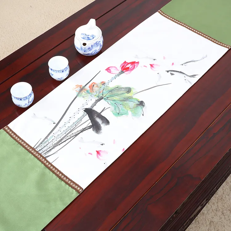 Extra Long 120 inch Elegant Lotus Table Runner Luxury Table Mats High Quality Chinese style Silk Brocade Dining Room Table Cloth 300x33 cm