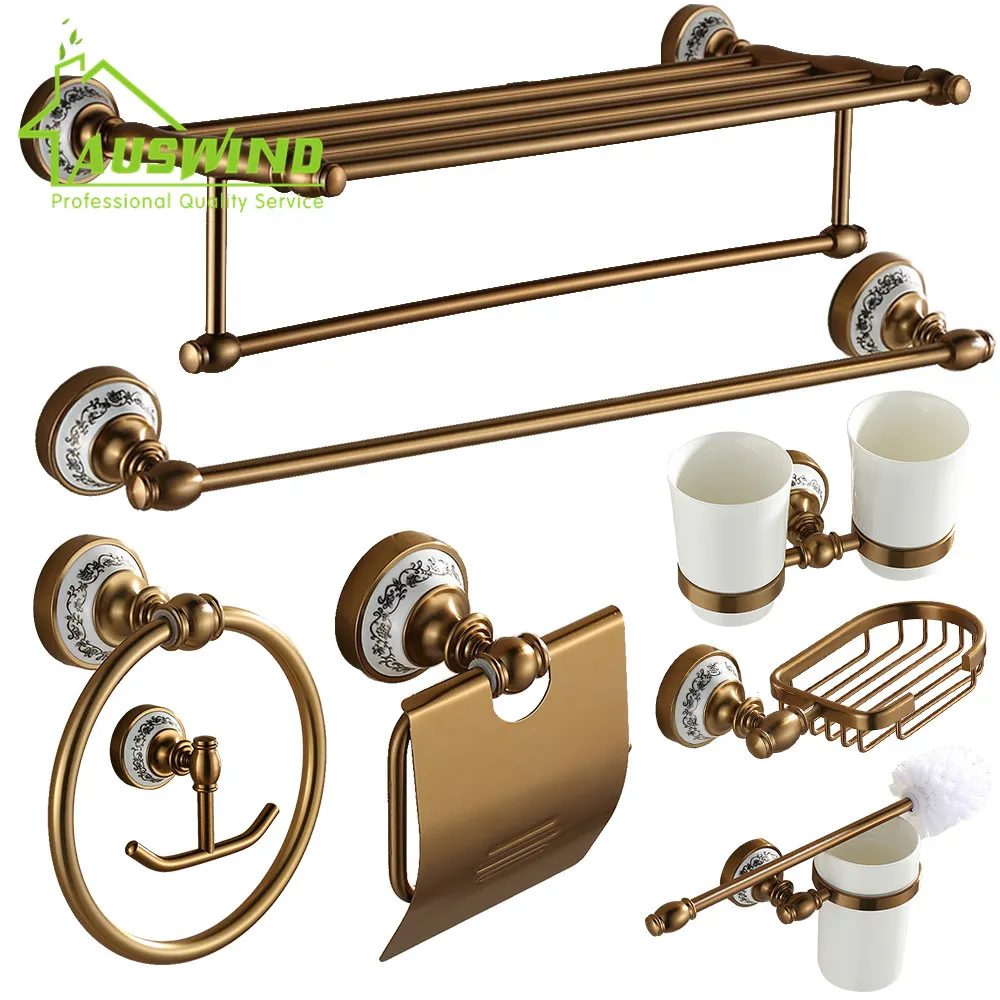 Venta al por mayor-Accesorios de baño cepillados antiguos Espacio de cerámica Juegos de herrajes para baño de aluminio Productos de baño de bronce montados en la pared