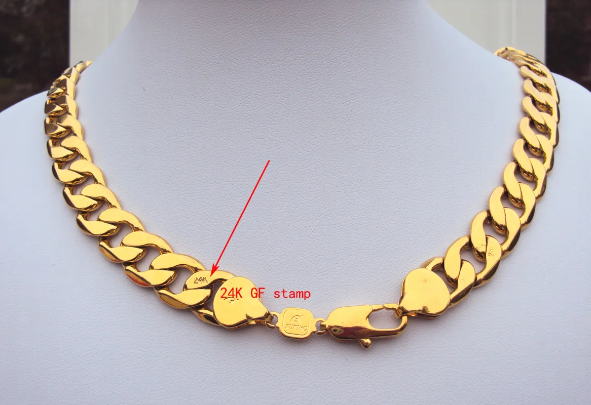 tungt tungt! 108g 24k stämpel Real Yellow Solid Gold 23.6 Herrhalsband 12MM Curb Chain 600mm Smycken mint-mark bokstäver 100% äkta guld,