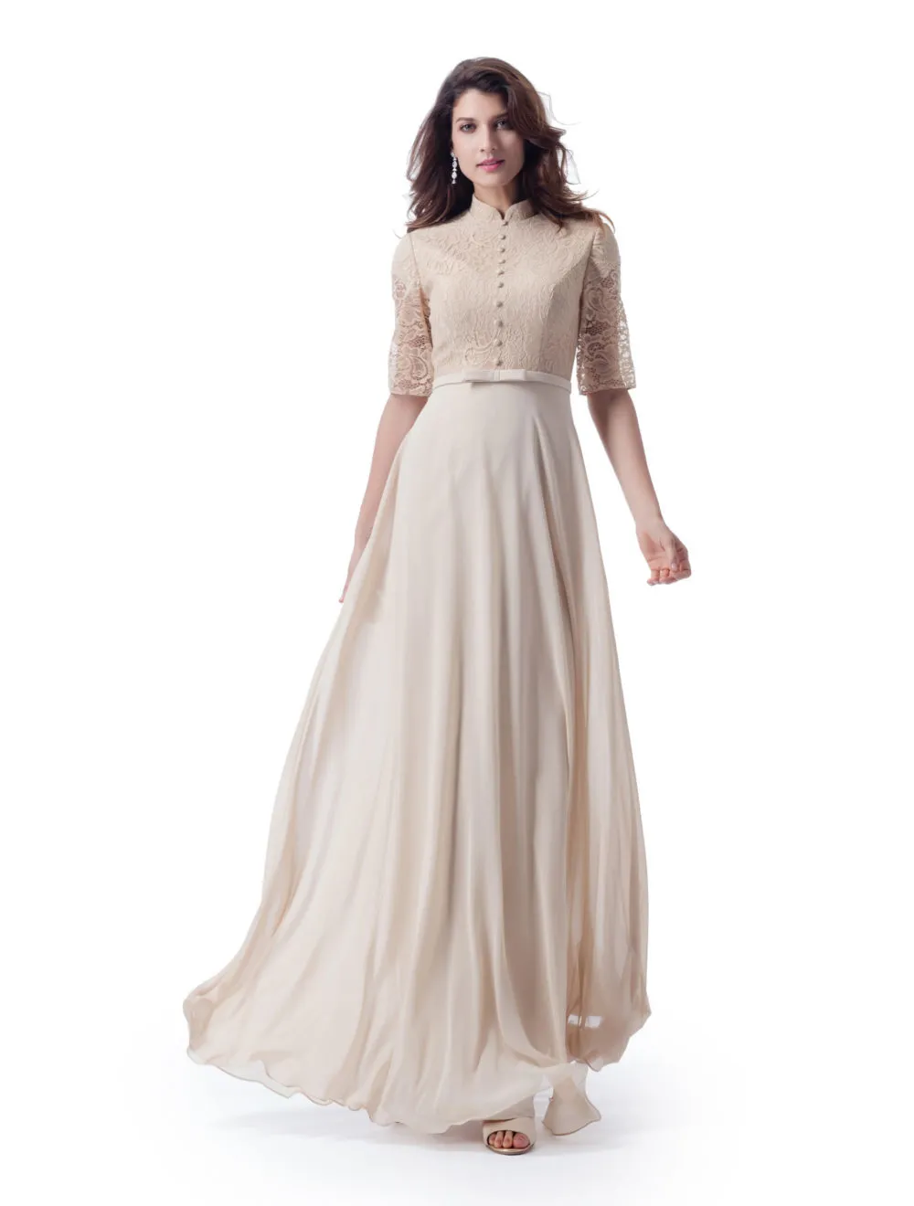 Champagner-Spitzenoberteil, Chiffon, lange, schlichte Brautjungfernkleider mit Stehkragen, transparenten Ärmeln, A-Linie, Vintage-formelles Hochzeits-Partykleid für bescheiden