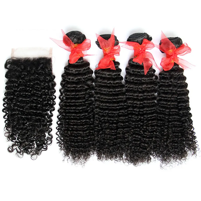 5 pcs lote brasileiro kinky cabelos encaracolados com fechamento 7a não transformado profundamente encaracolado cabelo humano tecer 4 pacotes e top lace fecho tamanho 4 * 4