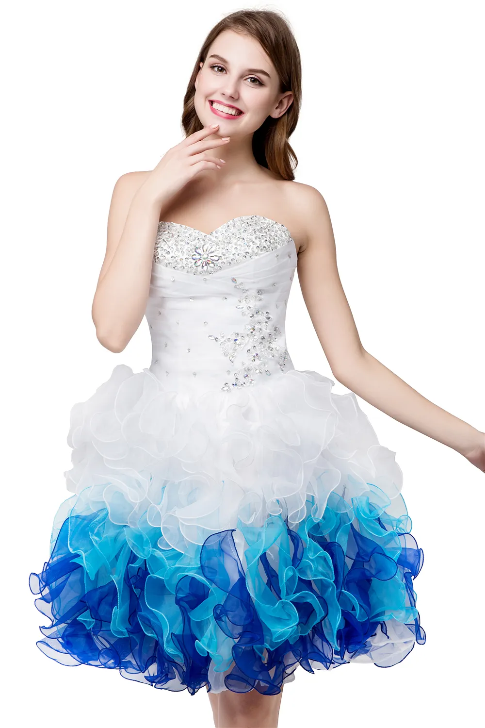 2019 Belle En Stock Blanc Bleu Chérie Organza Pas Cher Robes De Soirée Courtes Chérie Graduation Dresse Party Prom Robe Formelle QS1060