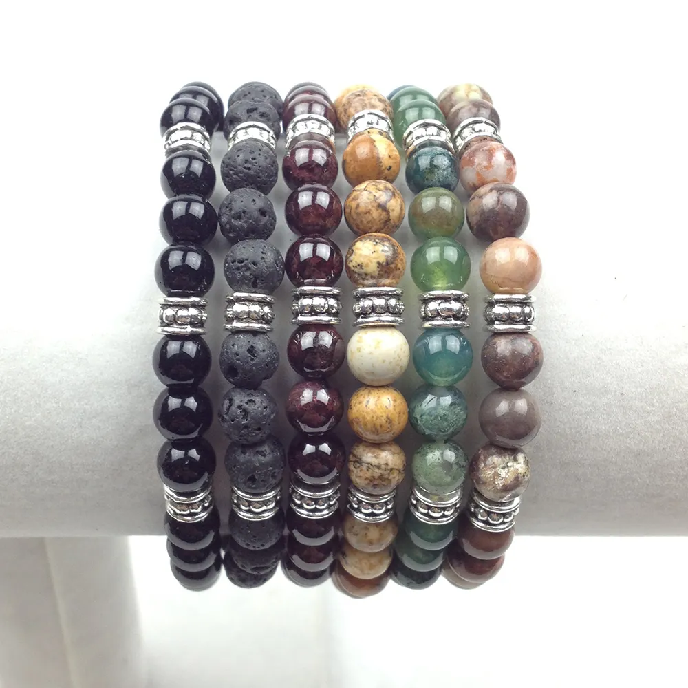 Sn0619 man yoga armband 6mm lava jasper india agate onyx granat nutural sten armband lycka smycken välbefinnande balans armband