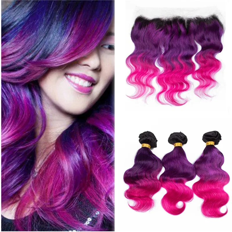 Trzy Tone Human Włosów Wefts Z Koronką Frontal Closure 1B Purple Pink Ombre Włosy z koronki Frontal Closure 4 sztuk / partia