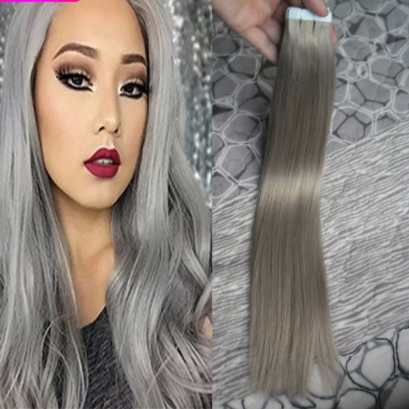 Silver Gray Hair Extensions Seamless Remy 100g Tape In Human Extensions 100g(40pcs) Pu Skin Weft Tape Hair Extensions Hair Products