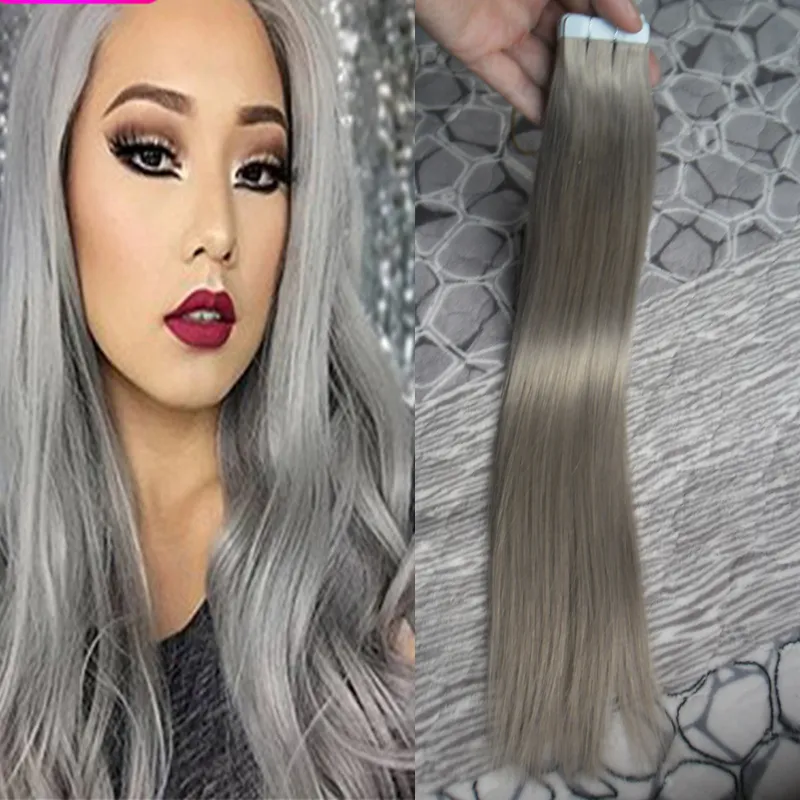 Silver Grey Hair Extensions Seamless Remy 100g Tape In Human Extensions 100g (40PCS) PU Skin Väftband Hårförlängningar Hårprodukter